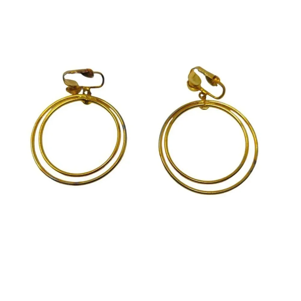 Vintage Minimalist Double Hoop Clip-On Earrings | Gold-Tone Modernist Statement